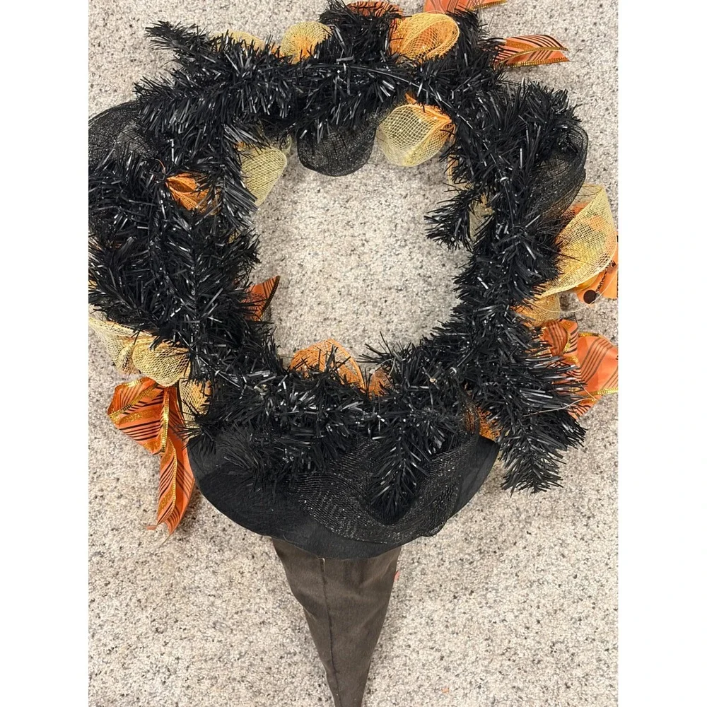 Halloween Witch Hat Wreath Black Tinsel Orange Gold Mesh Ribbon Decor 17in